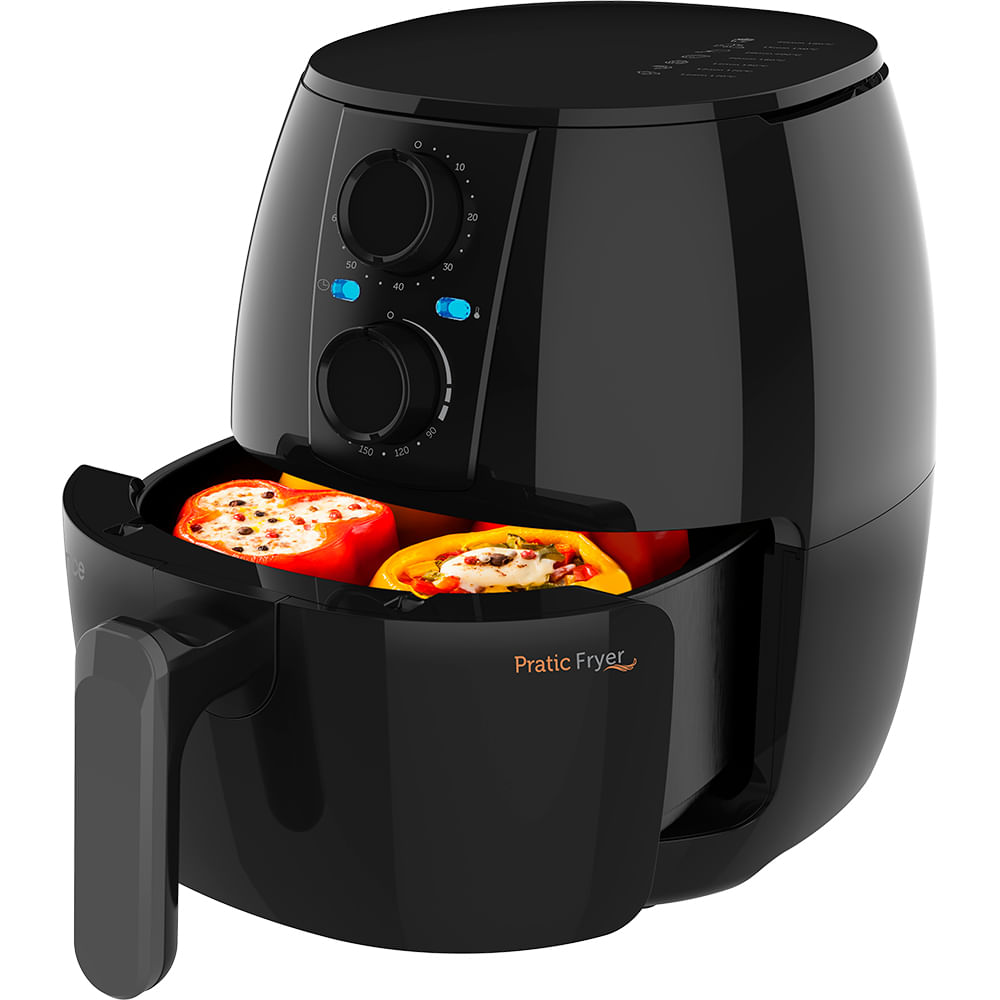 Melhor air fryer para comprar em 2025; confira 8 opções A air fryer deixou de ser uma curiosidade de mercado para se tornar um eletrodoméstico presente em milhões de cozinhas e por boas razões: rapidez no preparo, menos óleo e versatilidade para assar, grelhar, desidratar e reaquecer. Mas afinal, qual é a melhor air fryer? cadence-pratic-fryer-frt515-airfryer-preta-com-cesto-aberto-e-pimentões-recheados-no-interior