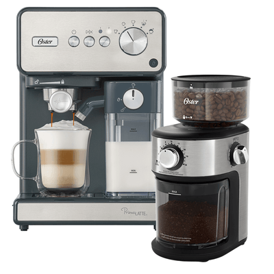Kit Cafeteira Espresso PrimaLatte Inox e Moedor de Café Precision 18 níveis Oster
