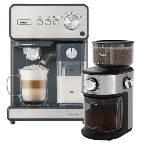 Kit Cafeteira Espresso PrimaLatte Inox e Moedor de Café Precision 18 níveis Oster