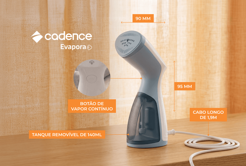 especificações: botão de vapor contínuo, tanque removível de 140ml e cabo longo de 1,9m