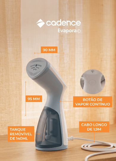 especificações: botão de vapor contínuo, tanque removível de 140ml e cabo longo de 1,9m